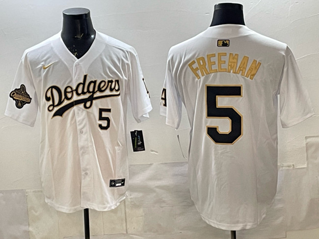 Men's White/Gold Los Angeles Dodgers #5 Freddie Freeman 2025 World Series Champions Patch Limited Stitched Baseball Jersey